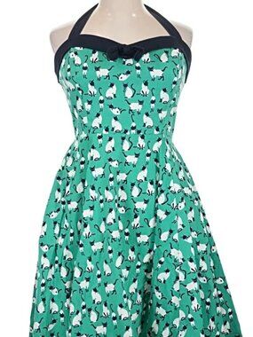 Eva Rose Green Cat Print Halter Fit & Flare Dress 1X Plus RARE USA Made